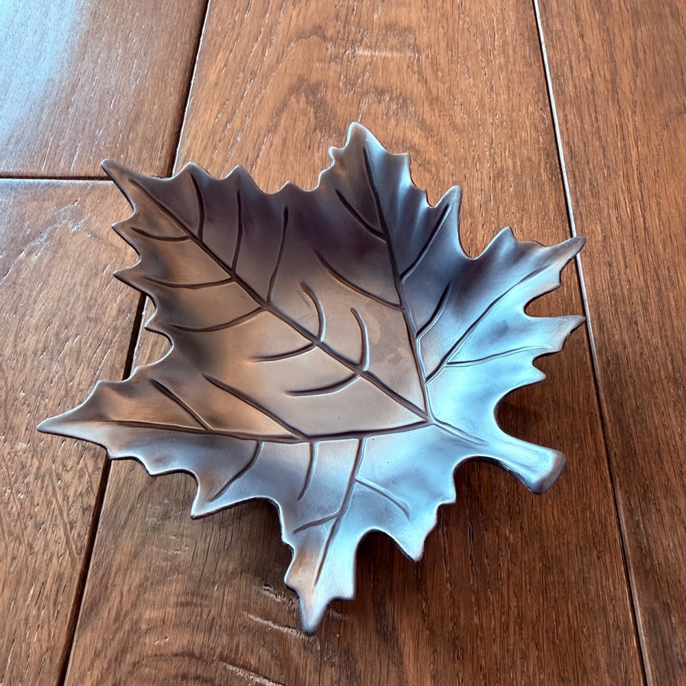 Leaf Shaped Decorative Dish or Candle Holder Pewter Color